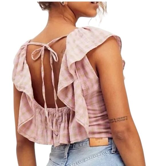 Free people corset ruffle Pink Plaid Ruffle Button-Down Top size small - Picture 3 of 8